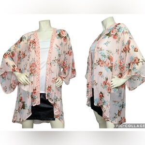 BAND OF GYPSIES Blush Pink Floral Short Wide Sleeve High Low Oversized Kimono